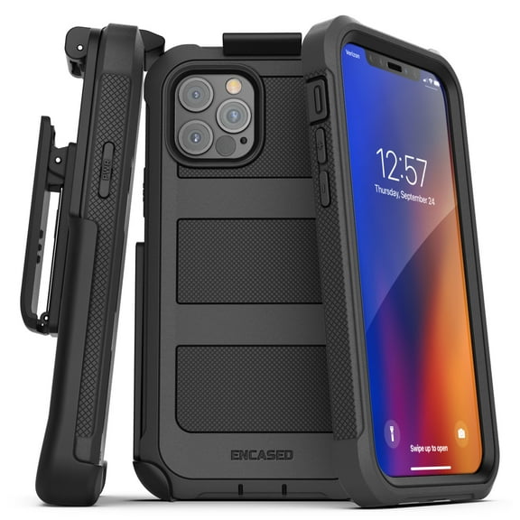 Encased Apple iPhone 12 Pro Max Case with Screen Protector and Belt Clip (Falcon) Protective Full Body Cover with Build-in Screen Guard and Holster - Black