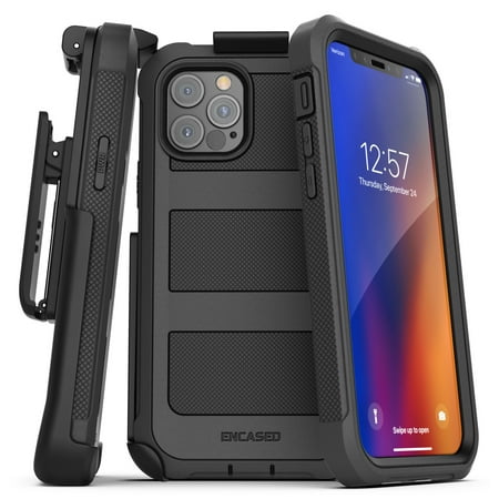 Encased Apple iPhone 12 Pro Max Case with Screen Protector and Belt Clip (Falcon) Protective Full Body Cover with Build-in Screen Guard and Holster - Black