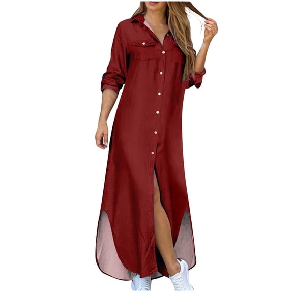 PUMISAS Button Down Dress For Women Long Sleeve Solid Color Dresses Casual Loose V-Neck Elastic Waist Dresses Long Shirt Dress With Pockets