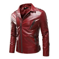 XFLWAM Men's PU Leather Jacket Causal Faux Leather Motorcycle Jacket Zipper Biker Coat Red S