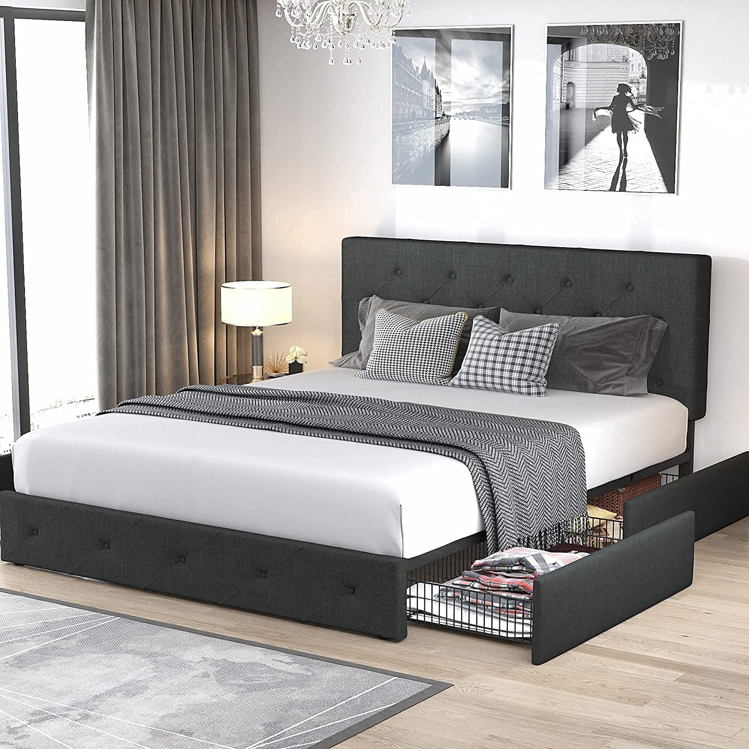 Eastvita Full Bed Platform Double Bed Frame with 4 Storage Drawers and