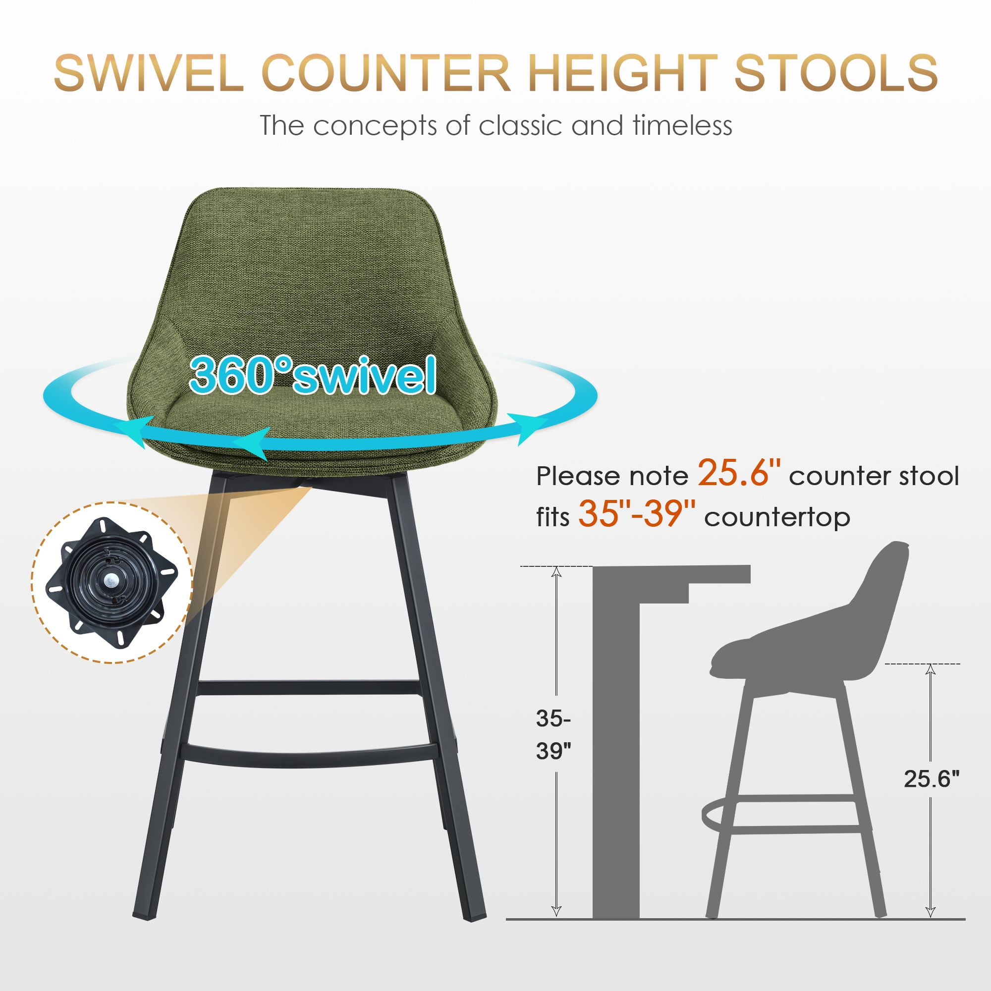 Zesthouse 25.6" Swivel Counter Height Bar Stools Set of 2, Modern Counter Height Chairs with Backs and Metal Legs, Upholstered Linen Barstools for Kitchen Island, Green
