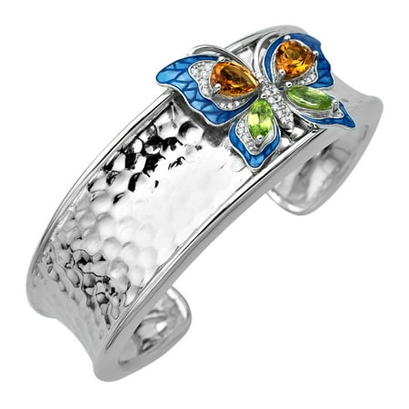 3 3/8 ct Natural Multi-Stone & 1/4 ct Diamond & Butterfly Cuff Bracelet in Sterling Silver
