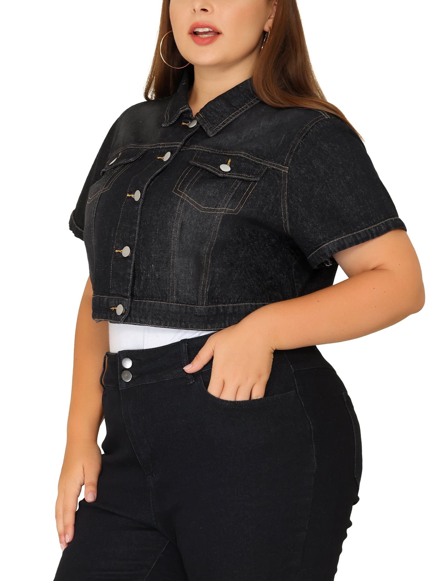 DARING DIVA Women's Plus Size Short Sleeves Button Down Jean Jacket 5X Black