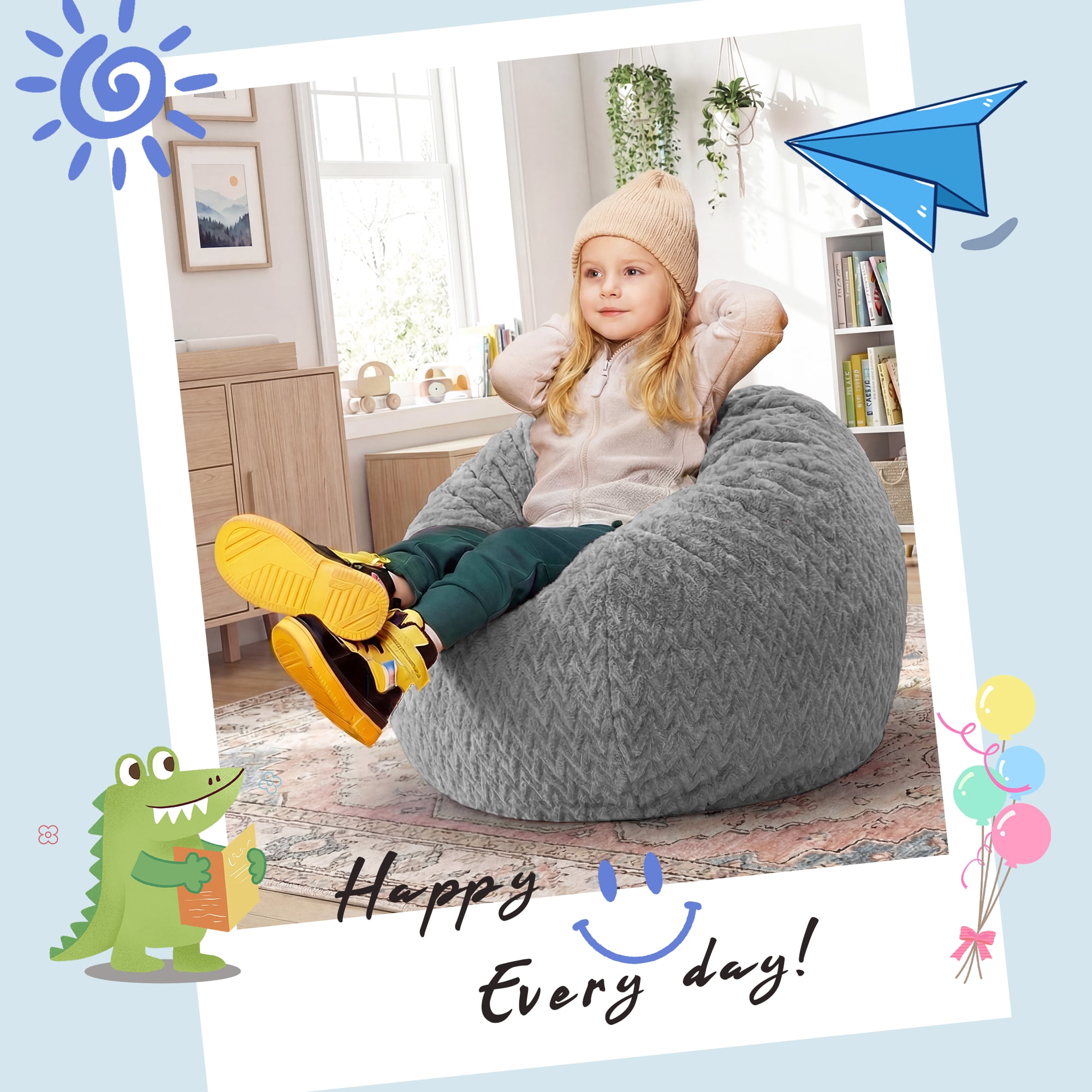 Fulsmile 2.5Ft Bean Bag Chair for Kids with Memory Foam Filling, Kid Cozy Plush Chair with Detachable Soft Cover for Bedroom Living Room Play Room, Chevron Gray