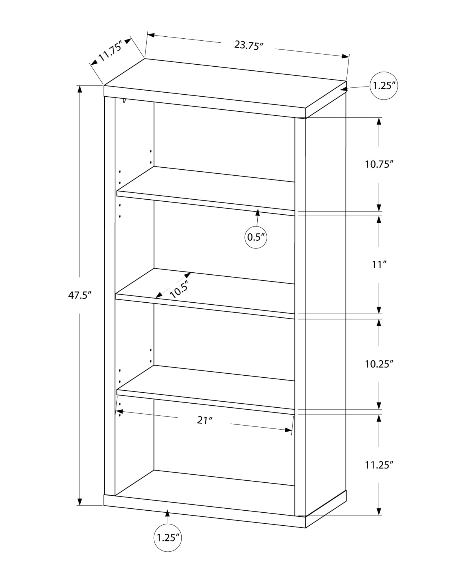 11.75" x 23.75" x 47.5" Grey Particle Board Adjustable Shelves  Bookshelf