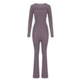 thumbnail image 4 of successthop Womens Long Sleeve Jumpsuit Strecth Square Neck One Piece Wide Leg Long Pants Solid Fall Winter Lounge Wear, 4 of 5