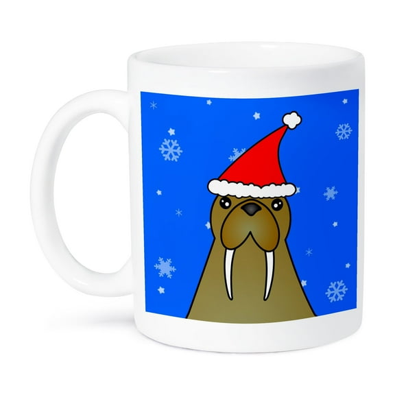 3dRose, Cute Walrus Santa Hat and Snowflakes, 11oz Mug