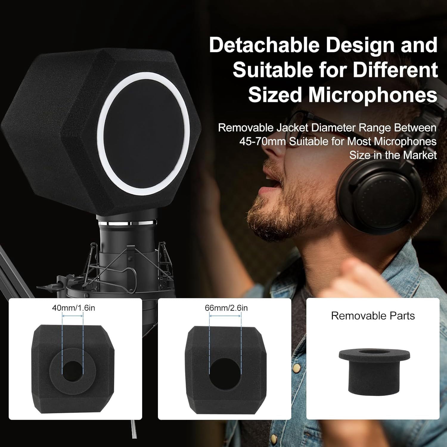 Professional Studio Microphone Windscreen Pop Filter Ball with 5-Sided Sound-Absorbing Foam & Octagonal Windshield - Reduces Noise, Pops, Breath Sounds, Echoes - Black