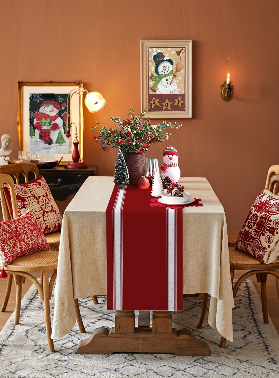 Hokiten Table Runners 72 Inches Long Dress Scarves, Christmas Red Farmhouse Kitchen/Dining Table Runner, Coffee Tablerunners, Luxurious Xmas Red White Striped 14x72 Inch