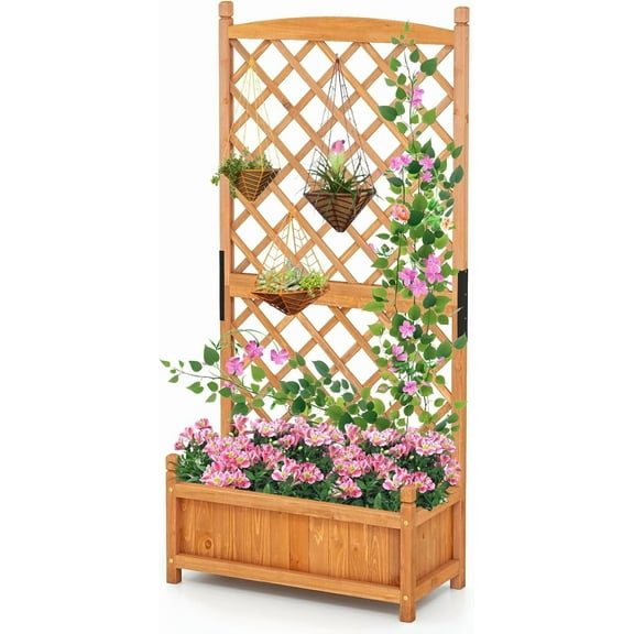 MAT EXPERT Raised Garden Bed with Trellis, Lattice Panel with Hanging Roof, Drainage Hole, Planter Box for Flower, Vine, Elevated Outdoor Planter for Garden