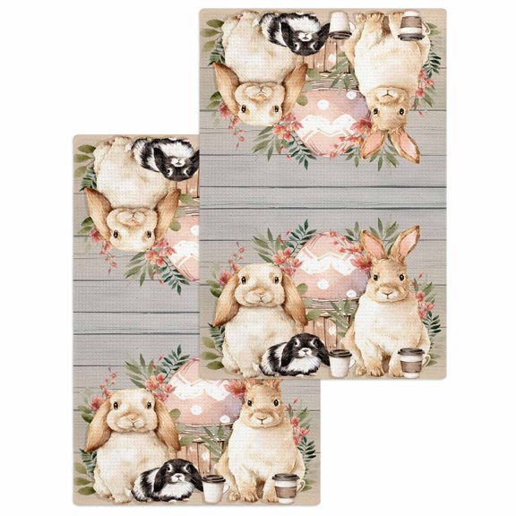 Easter Bunny Kitchen Dish Towels for Drying Dishes Set of 2, Eggs Green Leaves Country Farmhouse Wooden Waffle Weave Microfiber Hand Tea Bathroom Towels Quick Dry & Absorbent Towel 15.7x23.6