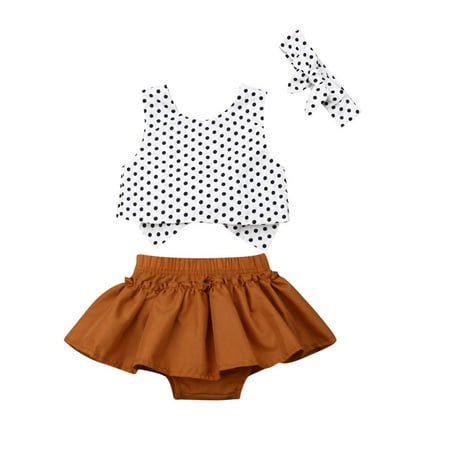 

TheFound Infant Baby Girls Sleeveless Polka Dot Strap Tops + Bowknot Tutu Skirt 3Pcs Summer Outfits with Headband