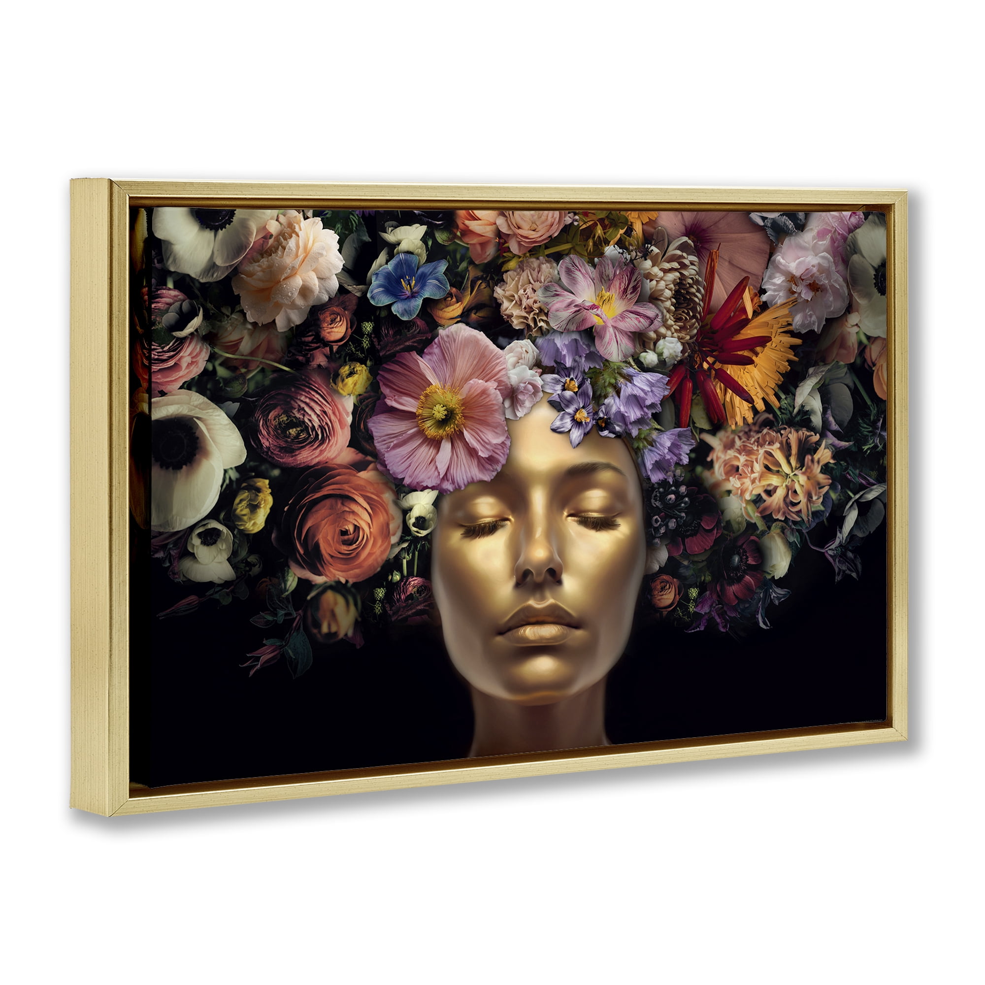 Stupell Industries Gold Face with Flowers Plants & Flowers Painting Gold Floater Framed Canvas Art Print Wall Art, 31 x 21