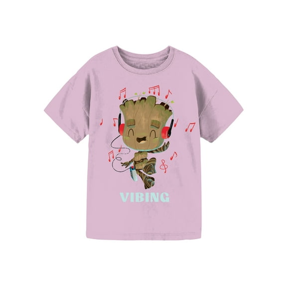 Groot Vibing, Graphic Crew Neck Short Sleeve Tee, Size 4-16 (Little Girls & Big Girls)