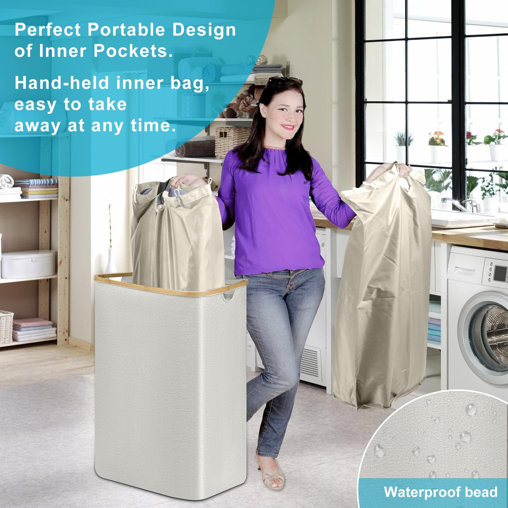 Sunnycome 160L Large Laundry Hamper with Lid Clothes Basket Handles for Bedroom Collapsible Removable White