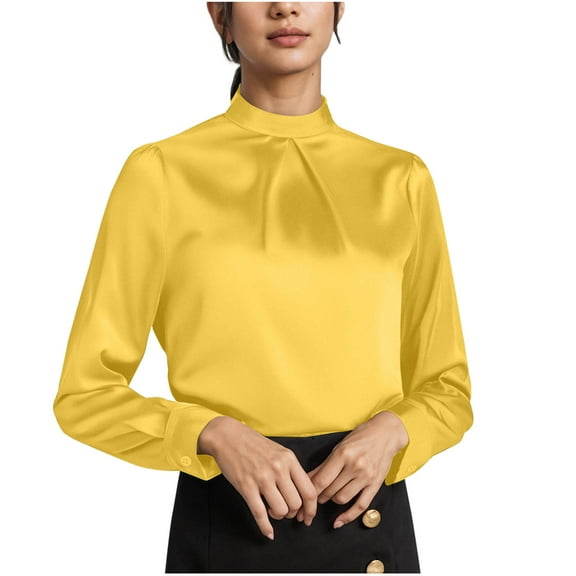 UAMVSH Women's Long Sleeve Shirts Silk Satin Casual Business Dressy Tops Soft Smooth Mock Neck Blouses for Office Work(X-Large,Yellow)
