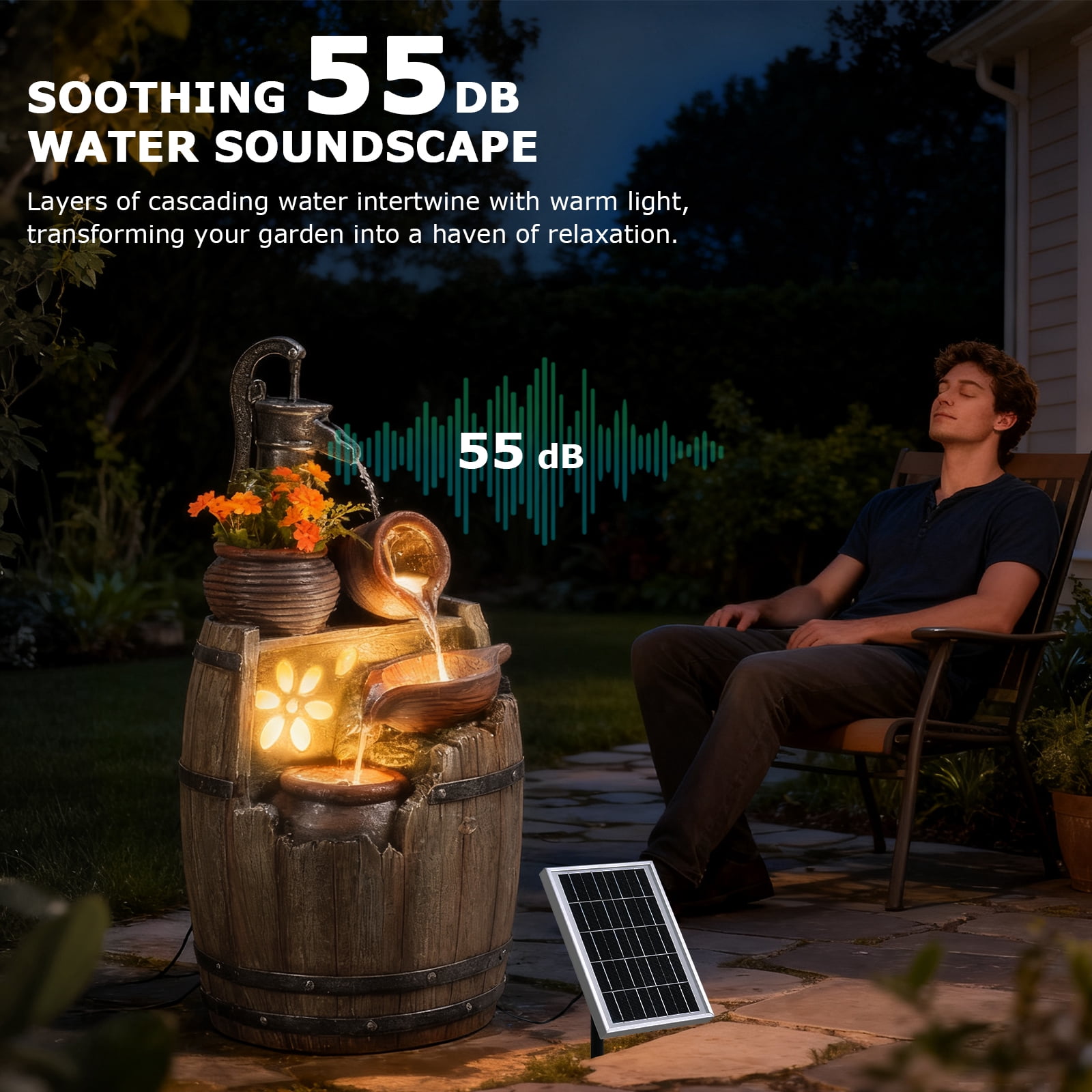 Solar Water Fountain Outdoor Rustic Pump and Barrel,4 Tiered Cascading Bowl Solar Powered Water Fall Fountains Outside Feature with LED Lights for Garden, Patio, Porch, Backyard Decor