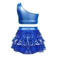 thumbnail image 3 of Kids Girls 2 Piece Dance Outfits Sets Sequin One Shoulder Crop Top with Skirt Jazz Latin Ballroom Costume Blue 10-11Years, 3 of 5