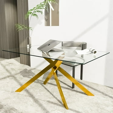 Ufurpie 51.18" Rectangular Clear Tempered Glass Dining Table,Stylish Design with Golden Metal Legs,Dining Table for Dining Room
