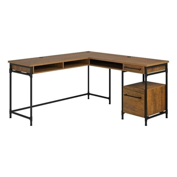 Pemberly Row Contemporary Engineered Wood L-Desk in Checked Oak Finish