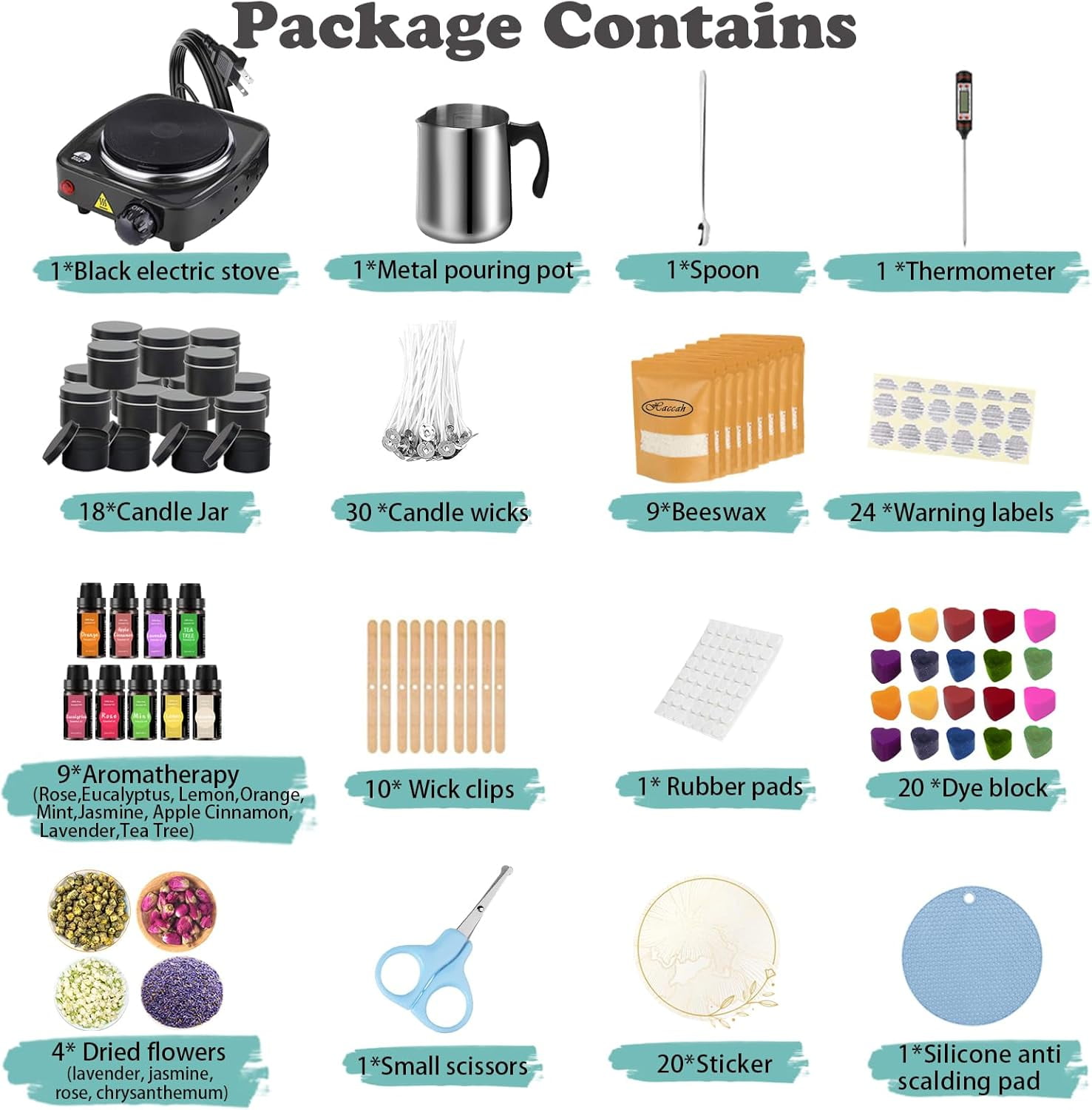 Haccah Complete Candle Making Kit with Wax Melter, 9 Essential Scents, Natural Beeswax, Thermometer, Pouring Pot, Wick Clips, Candle Tins, Dried Flowers