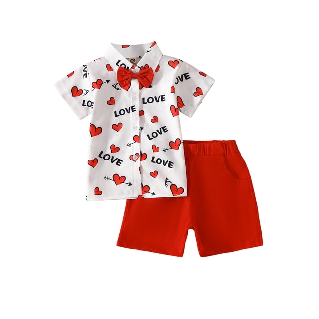 Diconna Tenues de la Saint-Valentin pour Garçons, Ensemble de Vêtements 2 Pcs avec Haut à Manches Courtes avec Nœud Papillon et Shorts Rouges