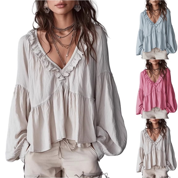 JoveMarine Women's Loose Fit Long Sleeve Blouse with Ruffle Trim and Puff Sleeves Deep V-Neck Sexy Top Sweet Casual Shirt for Spring/Summer Light Blue L