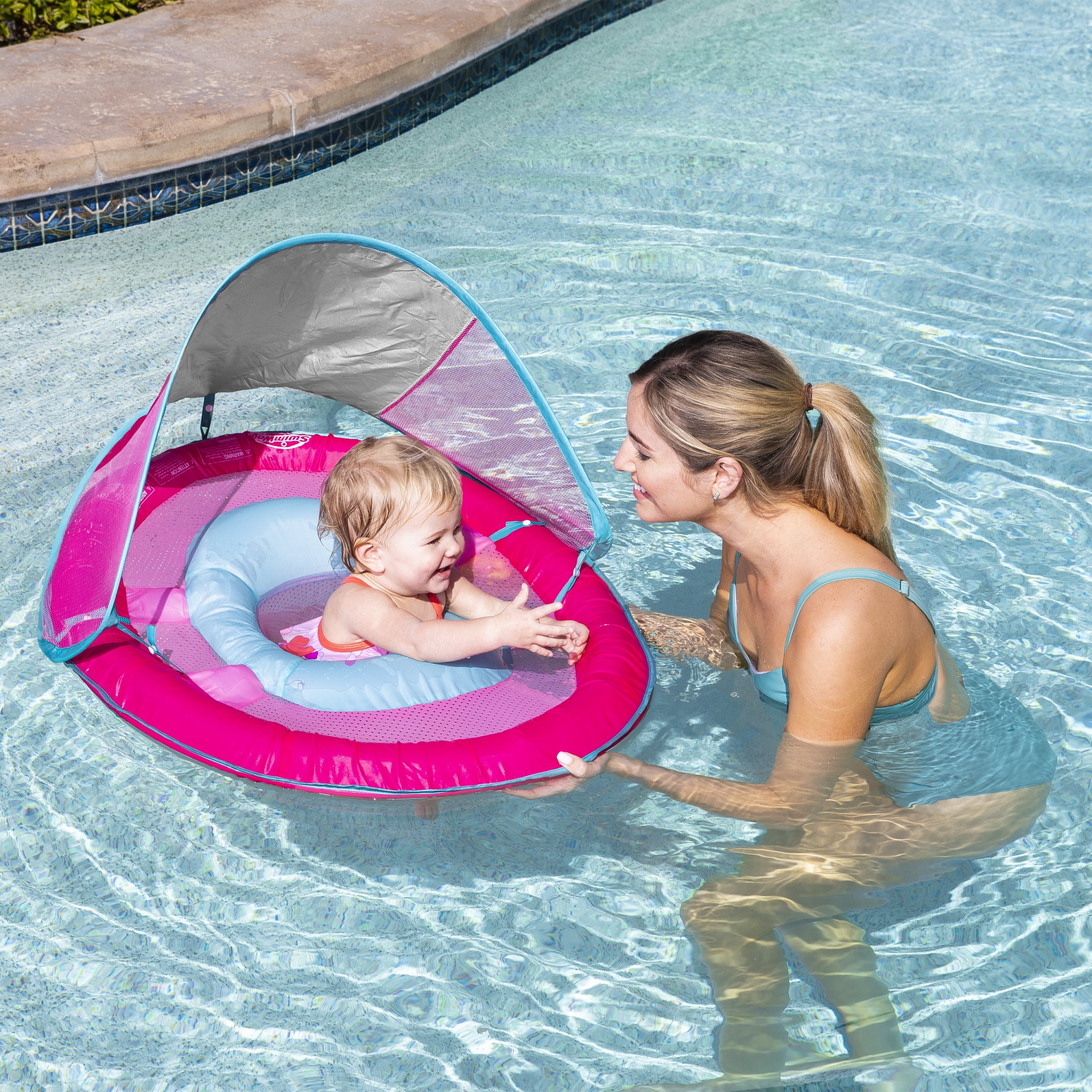 Pink, Large Free Swimming Baby Inflatable Baby Swimming Pool Float with Sun Protection Canopy