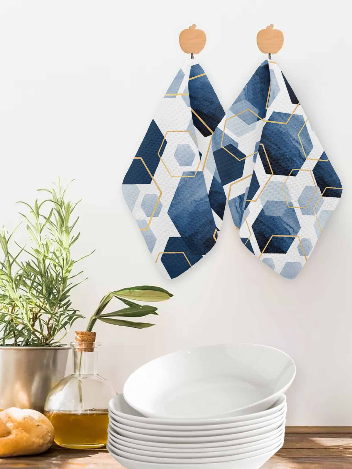 Navy Blue Marble Dish Towels Set, Waffle Weave Kitchen Towels 4 Pieces, Gold White Geometric Hexagon Modern Microfiber Hair Face Bath Tea Towel Absorbent Quick Drying Cleaning Dish Cloths 12"x12"