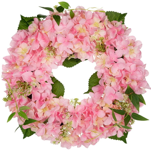 Hortensia artificial Wreath Briful para decoración de puerta, 42 cm, color rosa