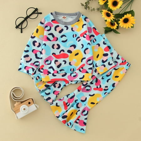 

Hunpta Infant Toddler Girls Winter Long Sleeve Round Neck Leopard Print Tops Long Bell Bottom Pants 2PCS Outfits Clothes Set