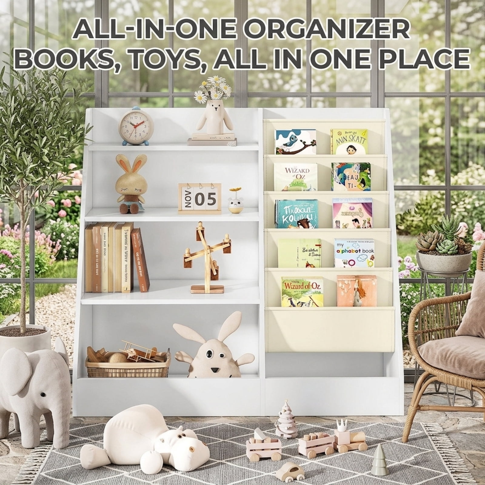 Fenbeli 2-in-1 Kids Bookshelf and Toy Storage, 4-Tier Wooden Organizer with 5 Fabric Sling Pockets and Anti-Tip Strap, White Bookcase for Bedroom Nursery and Playroom