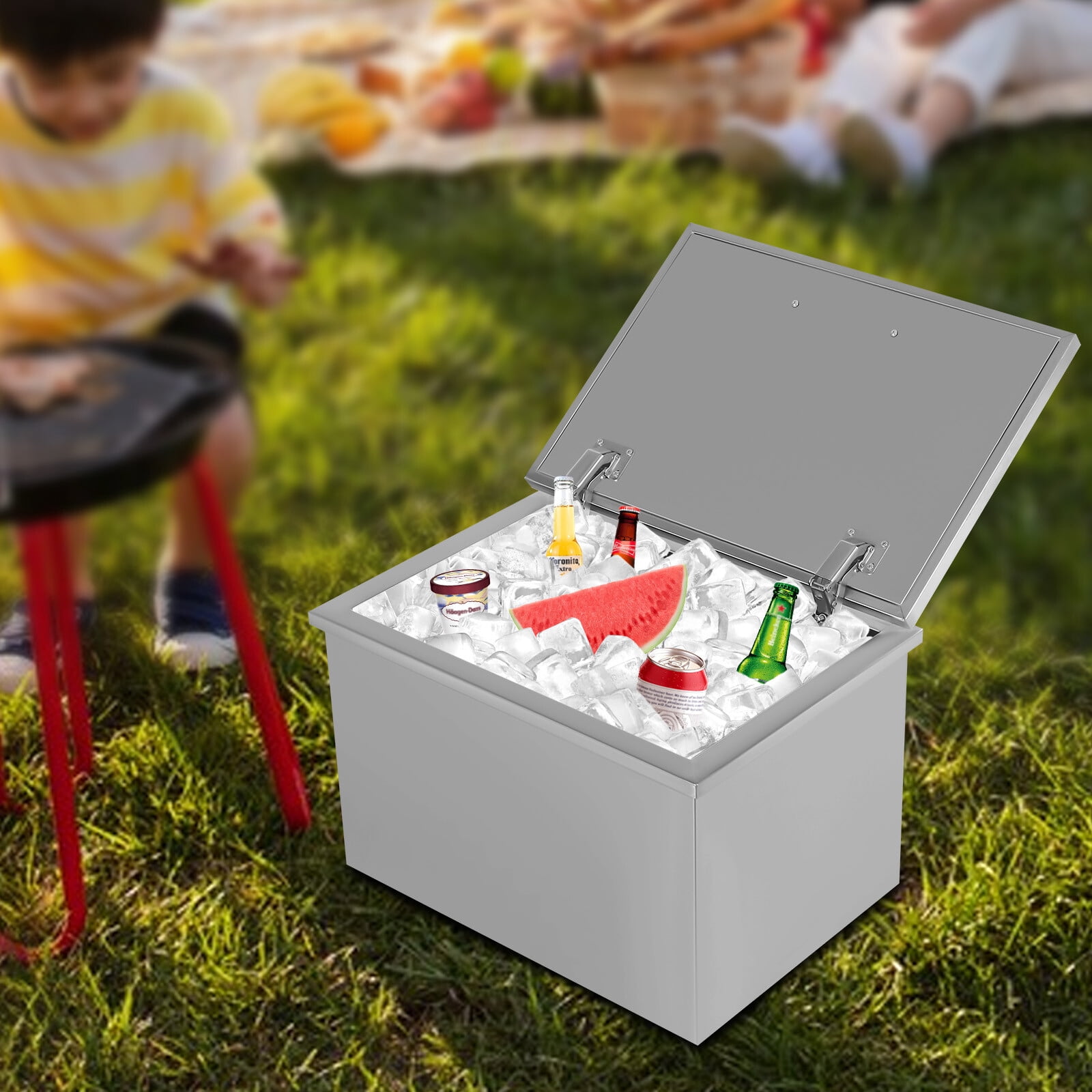 30L Drop In Ice Chest Bin Ice Chest Cooler 304 Stainless w/Lid & Drain 20*14*13inch for Parties, Bars, Kitchens