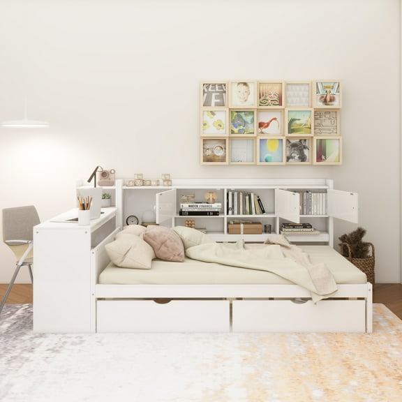 Wooden L-Shape Daybed with Seven Storage Cabinets and Two Storage Drawers, Multi-functional Bed with Study Desk and Built-in Bookshelf, White