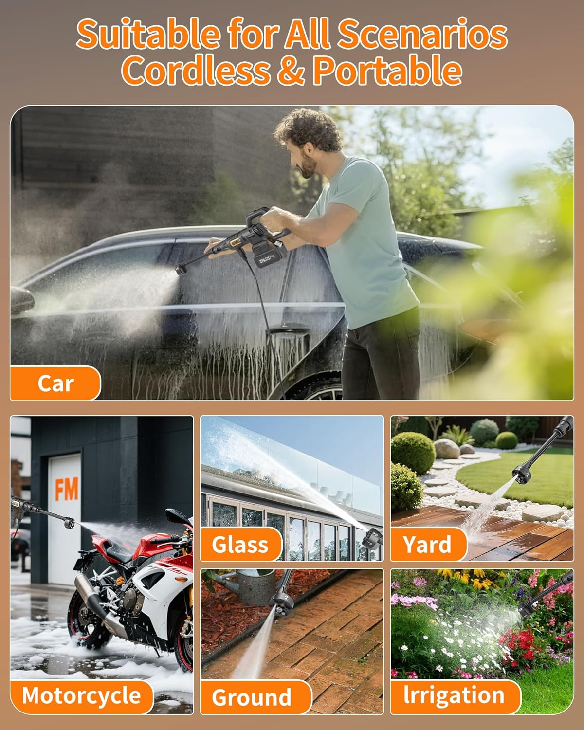 Ahot Cordless Pressure Washer Battery Powered; 1200PSI Cordless Power Washer with Brushless Motor, 4.0Ah Battery,6-in-1 Nozzle, 3 Power Level; Handheld Portable Pressure Washer Cordless (5022-BK2)