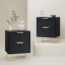 Glavbiku Wood Black Nightstand Set of 2,Carved 2-Drawer Night Table with Gold Leg Bedroom,20"H,Adult