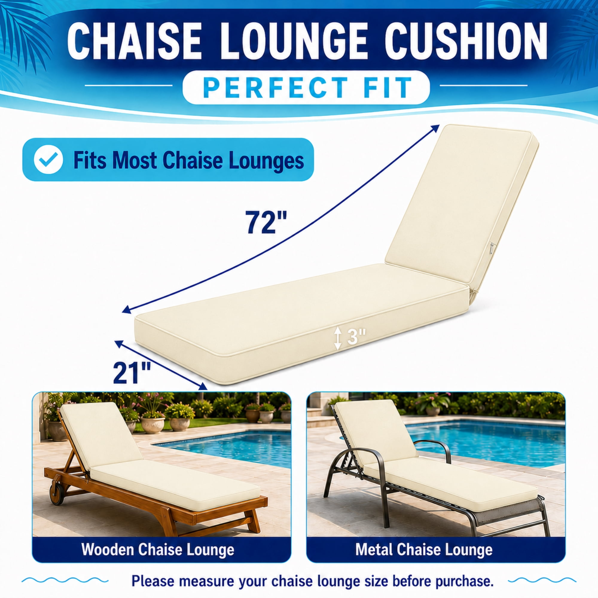 Millsilo Outdoor Chaise Lounge Cushion, 72" x 21" x 3" Patio Lounge Chair Cushion, Water-Resistant UV-Protected Replacement Cushion with High Density Foam, Beige