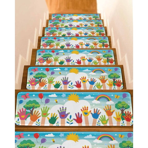 Stair Treads for Wooden Steps, Colorful Love Heart Hand Peel and Stick Stair Treads with Adhesive, Rainbow Sky Cartoon Kids Hands Non Slip Indoor Stairs Runner Rugs Mats for Elders Dogs 8"x30"10PCS