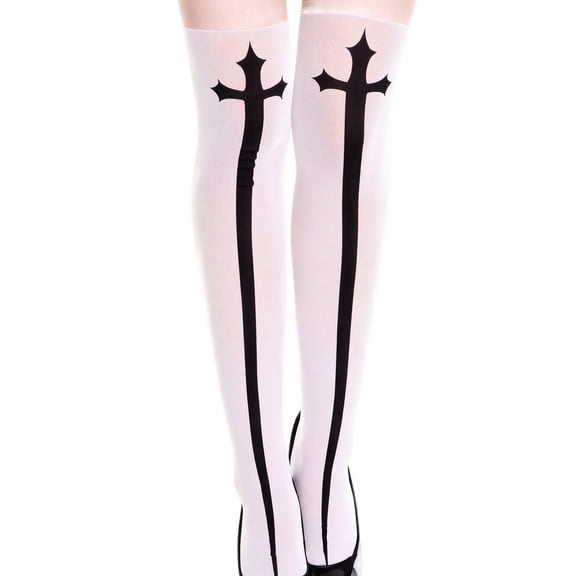 Voska Women's Thigh High Stockings With Sword Print Cotton Breathable Stretchy Casual Fall Party Halloween Socks White One Size