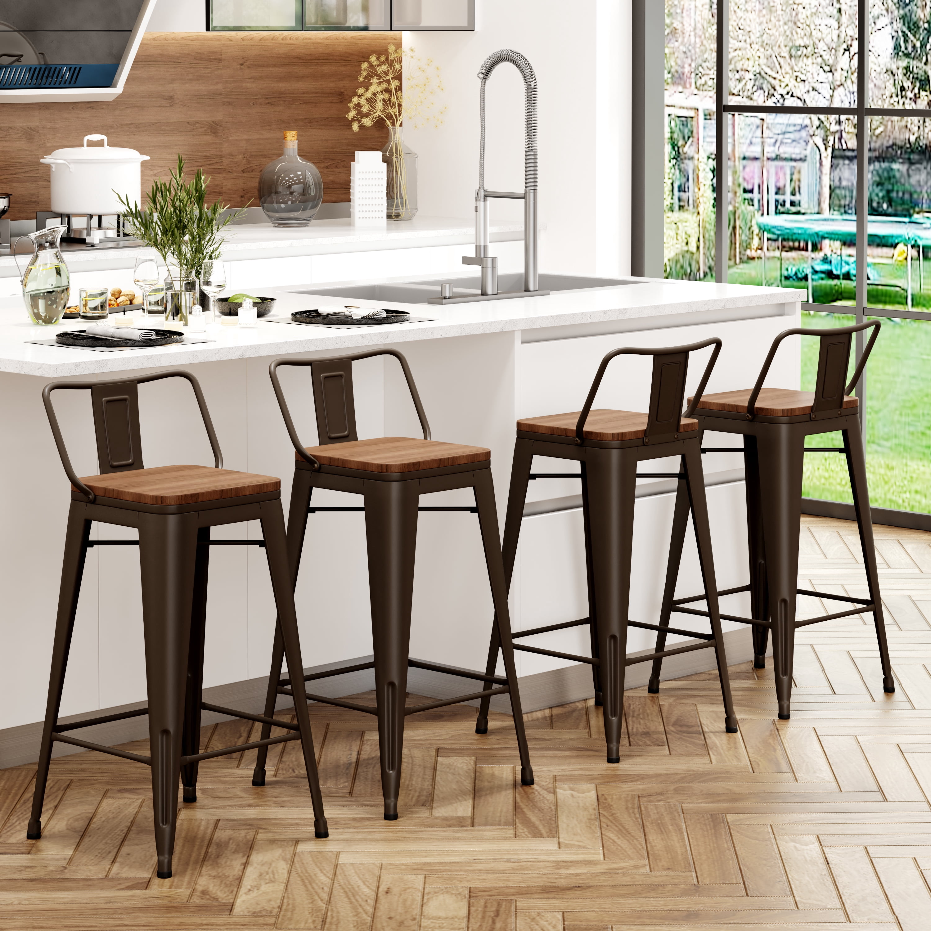 Andeworld 26" Metal Bar Stools Set of 4 Counter Height Stools with Wood Top Low Back Gunmetal