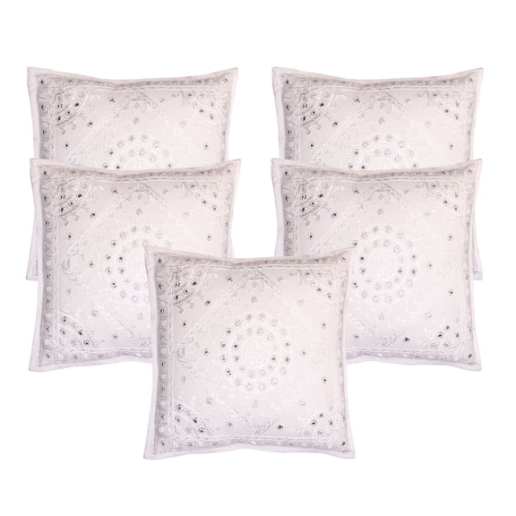 Stylo Culture Indian Couch Throw Pillow Covers 16 x 16 Hand Embroidered White Bohemian 40cm x 40cm Home Decor Cotton Mirrored Square Cushion Covers | Set Of 5