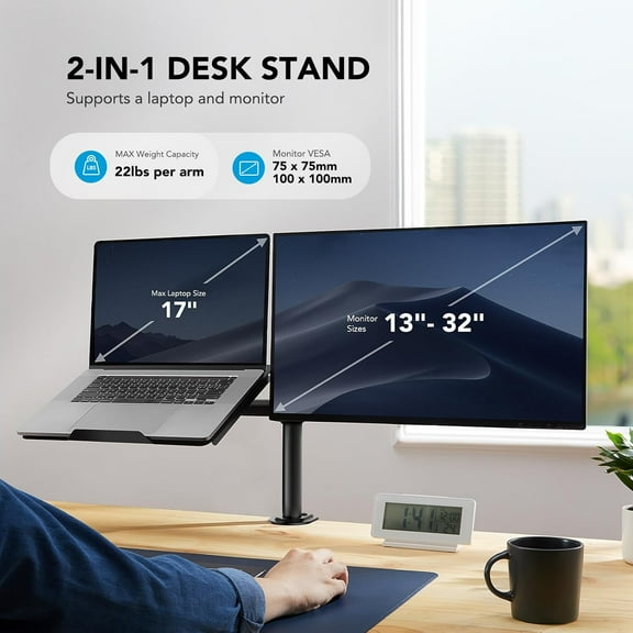Adjustable Monitor Stand with Laptop Tray, 32" Monitor & 17" Laptop Support, 22lbs Heavy Duty