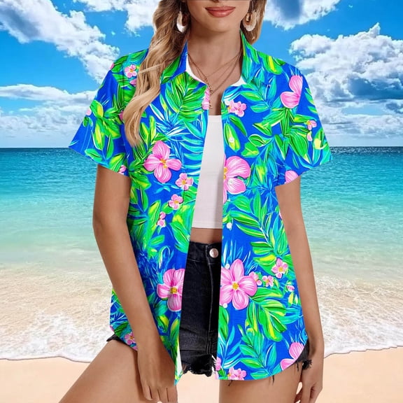 Byworldtasic Women's Collared Shirt Womens Tropical Shirt Summer Beach Hawaii Button Down Short Sleeve Blouses Floral Tops Multicolor-1