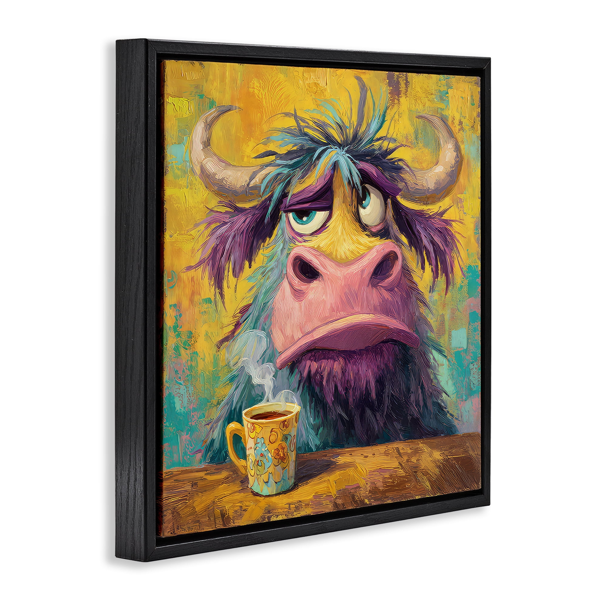 Stupell Industries Grumpy Cow & Mug Black Framed Floater Canvas Wall Art, design by The Wands Want