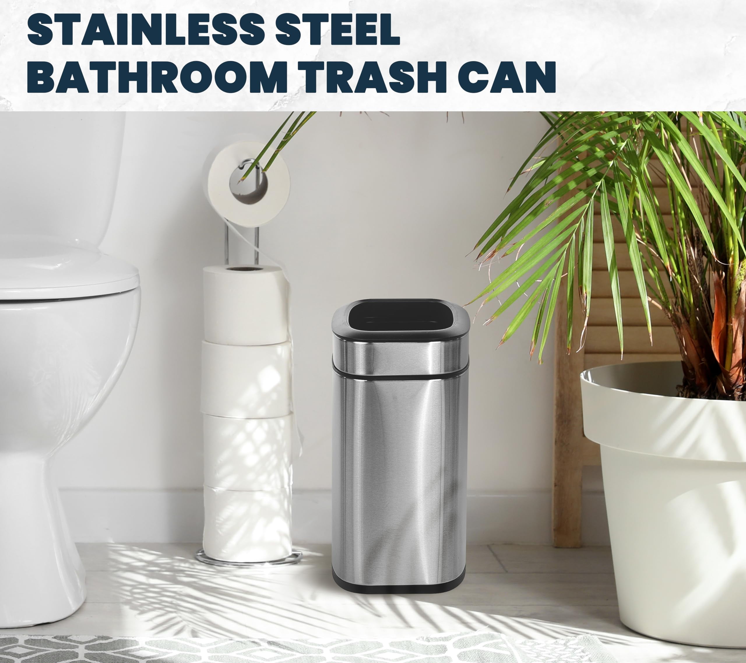 Alpine 10 Liter Small Bathroom Trash Can No Lid - Open Top SS Bathroom Trash Can 2.6 Gallon, Slim Silver Trashcans for Bedroom, Office, Desk, Kitchen with Removable Bin for Easy Disposal