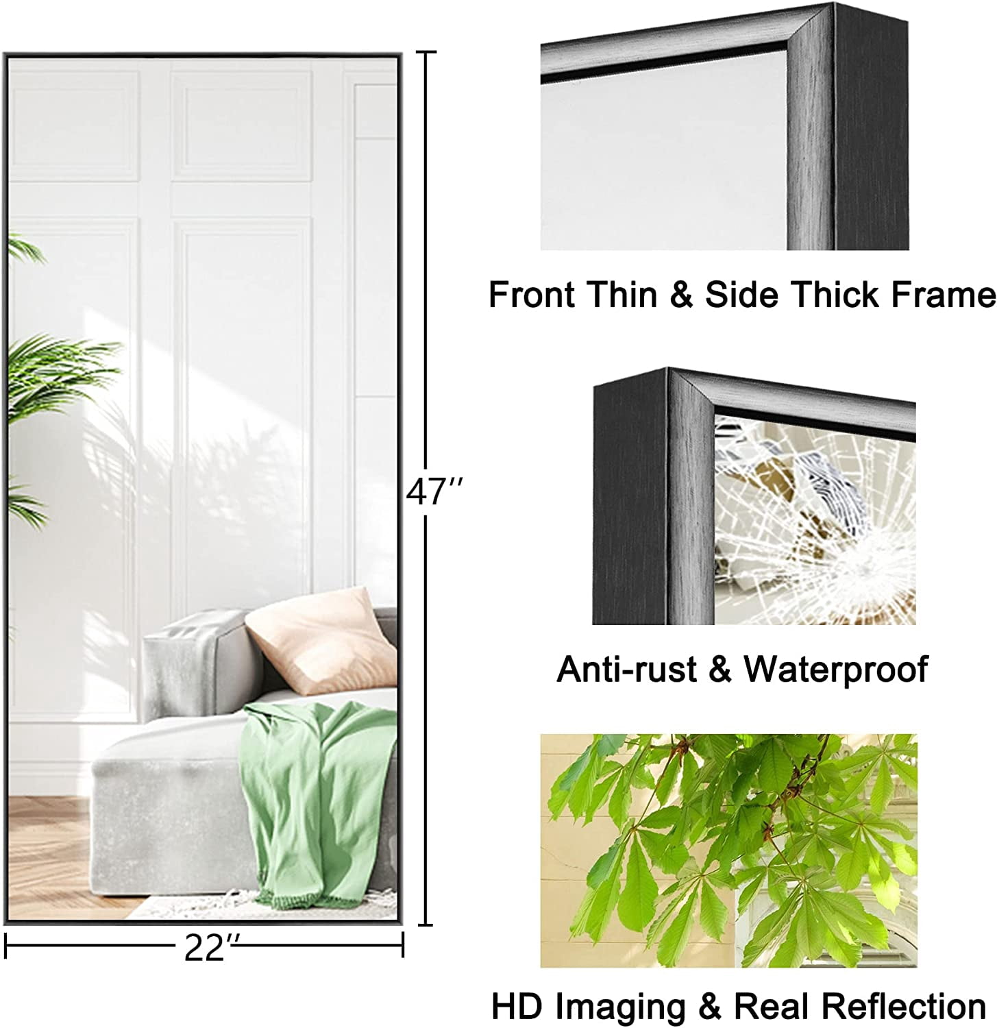 Wall Mirror 47"x22" Large Mirror Wall-Mounted for Bedroom Bathroom Living Room Aluminum Alloy,Black,no Stand