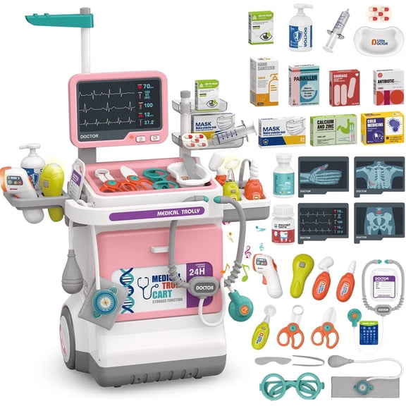 Caunedy Doctor Kit for Toddlers, Pretend Medical Station Set with Mobile Cart, Birthday Gifts for Kids 3-5 5-8 8-12 Year Old
