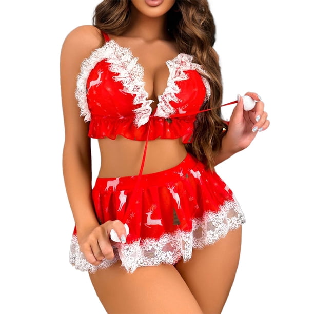 Gibobby Lencería de encaje para mujer Conjunto de lencería sexy europea y americana para mujer el día de Navidad (Rojo, S)