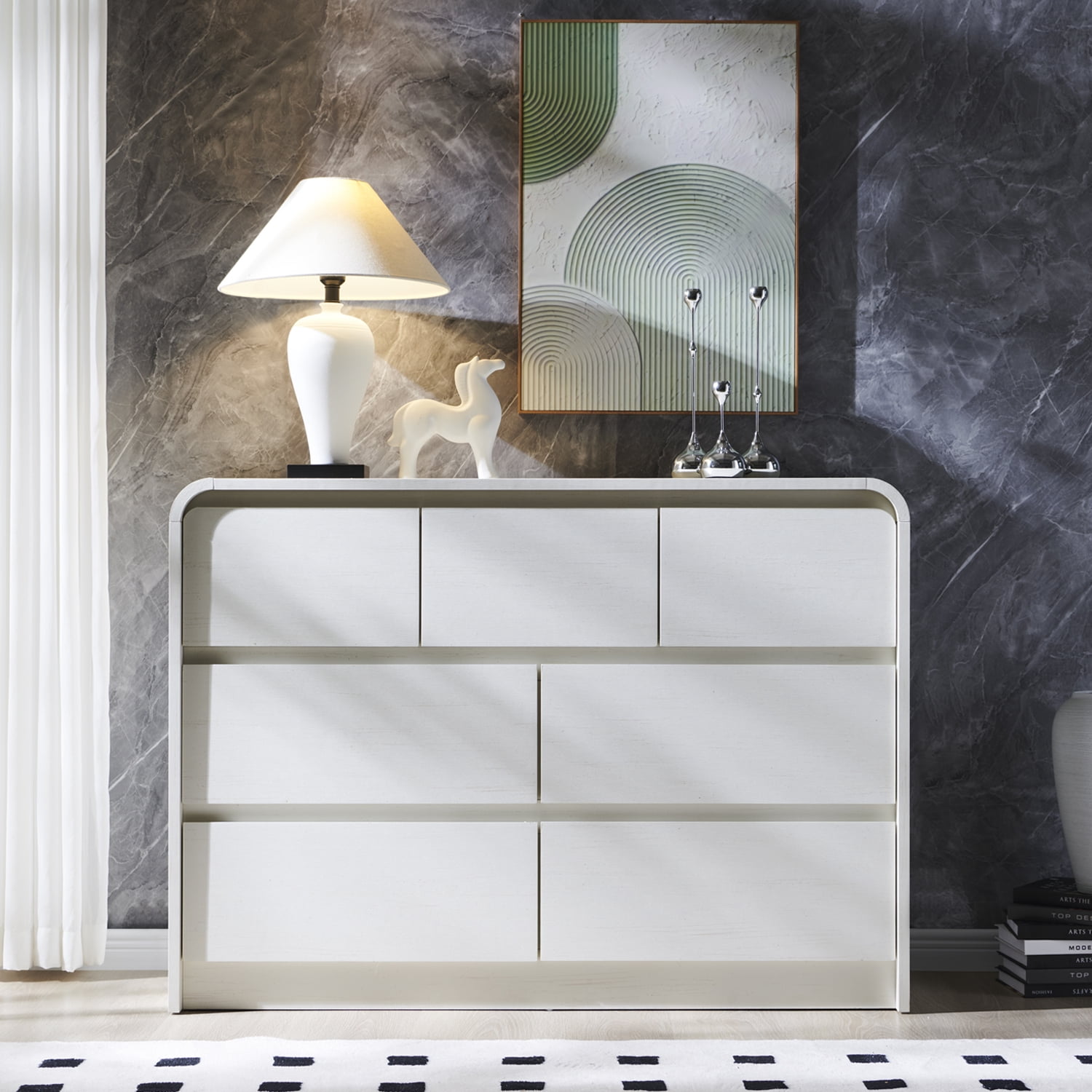 wow97e Modern 7 Drawers Dresser for Bedroom, Mid Century Chests of Drawers w/Curved Profile Design, 47" Wide